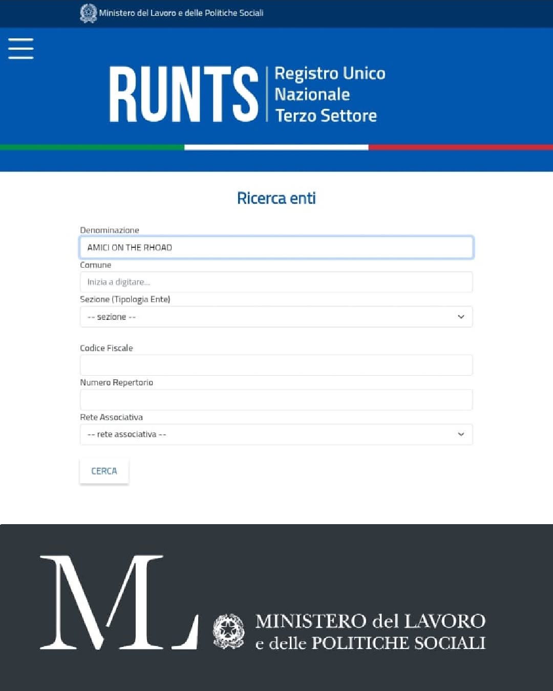 Portale RUNTS - Schermata di ricerca dell'associazione di volontariato ETS