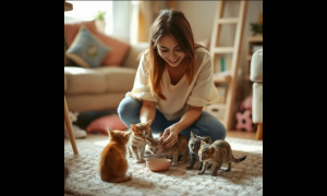 Volontaria per gli stalle accudisce dei gattini cuccioli prima dell'adozione